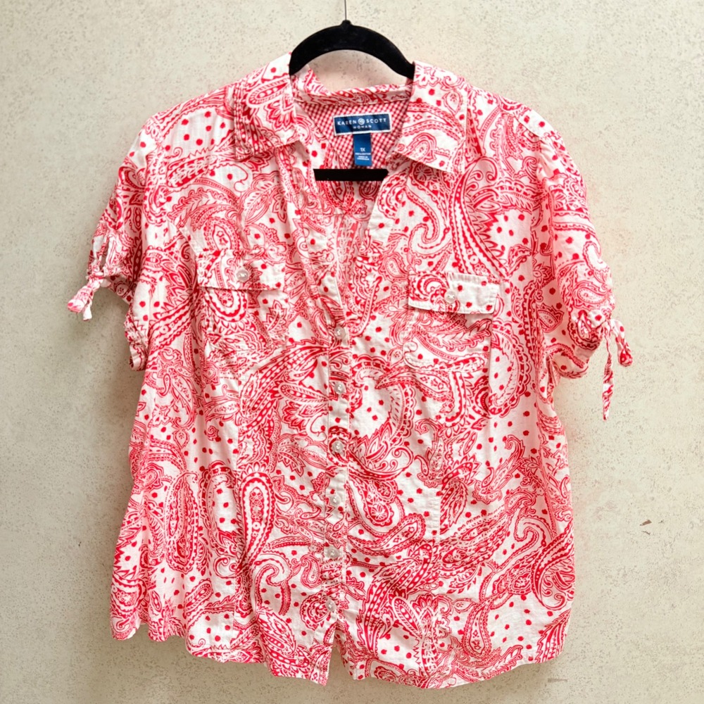 Karen Scott‎ 1x Plus Woman Red White Paisley Cotton Summer Casual  Button  Shirt